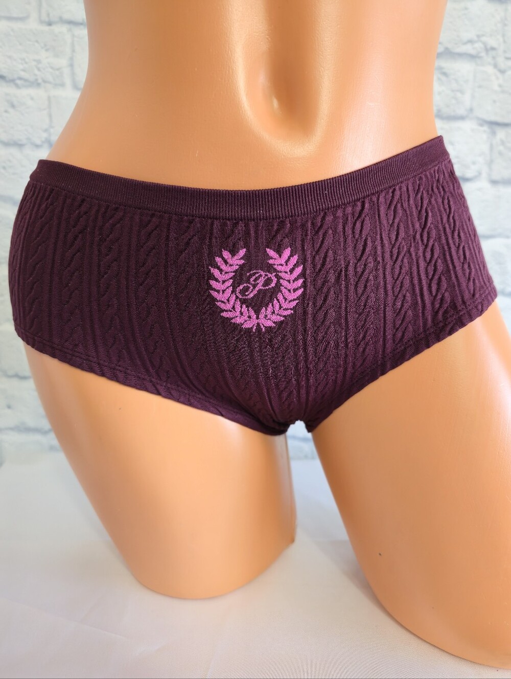 PINK Victoria's Secret Plum Knit Hipster Panty Pink Laurel Emblem Large New